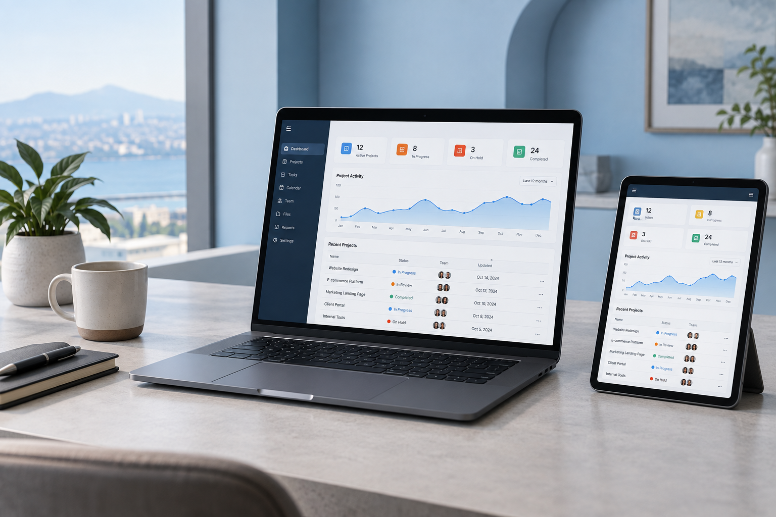 Concept vizual de aplicație web, prezentată pe laptop și tabletă